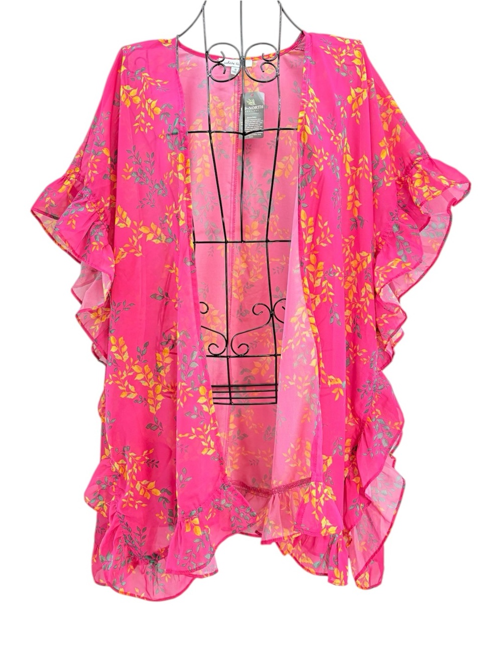 NEW white birch Pink Floral Ruffle Sheer Kimono Swim Suit Pool Cover Size S